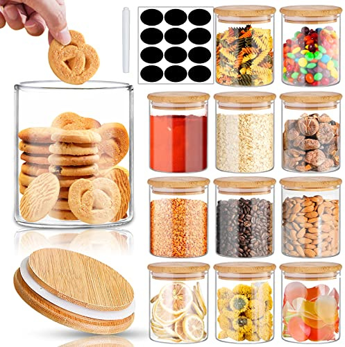 SLifeJars - Glass Jars with Bamboo Lids 16 oz, 12pcs Glass Food Storage Jars with Rewritable Labels, Bamboo Lid Jar for Kitchen Storage, Food Storage Containers with Lids for Herbs
