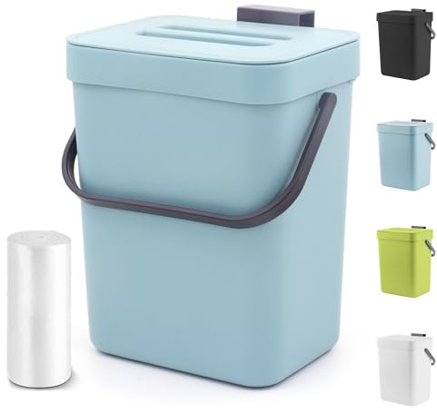 MONGTINGLU 1.3 Gallon Small Trash Can with Lid - Countertop Food Waste Bin, Kitchen Hanging Trash Can for Cabinet Door/Under Sink, Small Garbage Can for Desk, 5L(Subtle Blue)