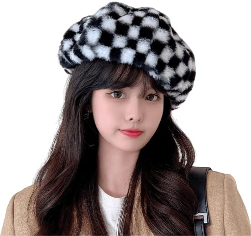 Women Check Plaid Beret Fluffy Painter Hat Y2k Korean Beanie Skull Cap Fleece Grunge Aesthetic Preppy Cute Harajuku Hat (White,One Size,Womens,US,Alpha,Medium,US,Alpha,Medium)