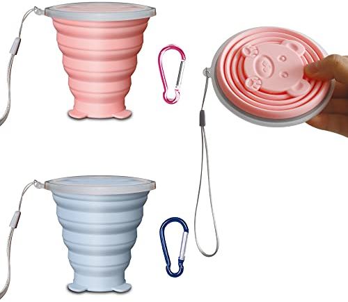 2 Stück Faltbarer Becher, Wiederverwendbare Faltbecher mit Deckel, Faltbare Tasse Silikon aus Lebensmittelechtem Silikon, Geeignet für Camping, Reisen, Sport, Picknick usw.