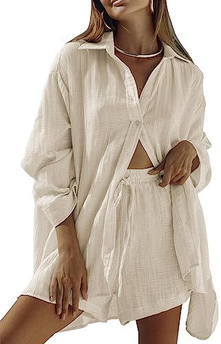 Sovoyontee Damen 2-Teiliges Langarm Loungewear Shorts Set Lounge Sweatsuit Lässiger Trainingsanzug Schlafanzug Aprikose XL