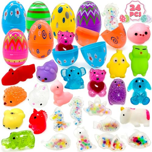 Lubibi Prefilled Easter Eggs With 24 pcs Mochi Squishy Toy, Easter Basket Stuffers Animals Squeeze Toys Fidget Toy For Easter Egg Hunt Filler Stuffer Party Supplies Favors For Kid