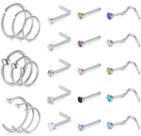 AVYRING Anello da naso in acciaio inox ipoallergenico a forma di L, con zirconia cubica trasparente, 22 G, 20 G, 18 G, 20G (0.8mm), Acciaio inossidabile