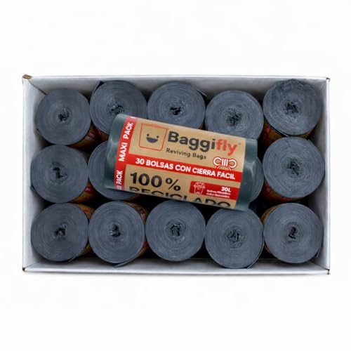 Baggifly, Bolsas de Basura 30L, 900 Bolsas Muy Resistentes, 100% Recicladas, Cierra Fácil, ECO Friendly, Uso Doméstico, Pack 30 x 30, Fabricado en España