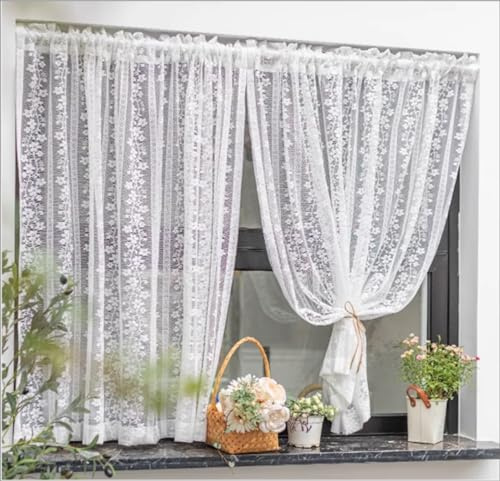 Yaland Rideau brise-bise jacquard style maison de campagne avec délicat motif à rayures et fleurs - Rideau brise-bise avec passe-tringle - 1 pièce - Blanc - 80 x 100 cm
