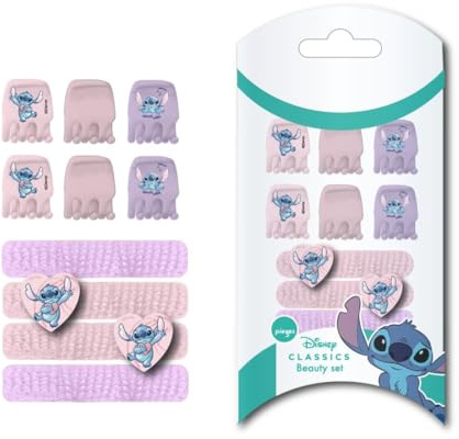 Set de Belleza de Stitch - Incluye 6 Horquillas y 4 Coleteros - Color Rosa y Morado - Multicomposición - Diseño inspirado en Stitch - Producto Original Diseñado en España