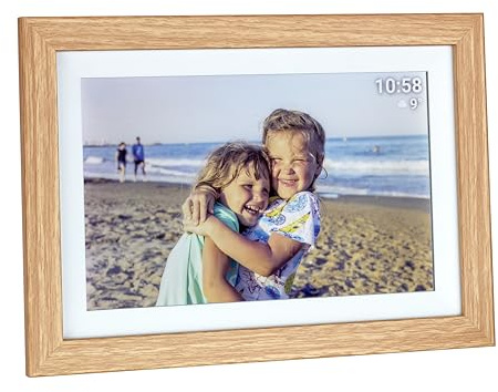 TFA Dostmann Marco de Fotos Digital con WiFi de 10 Pulgadas, 37.1002, con aplicación Frameo, Marco de Madera MDF, Incluye USB y Micro SD, con Pantalla táctil, para vídeo y Fotos, Hora Actual, Color