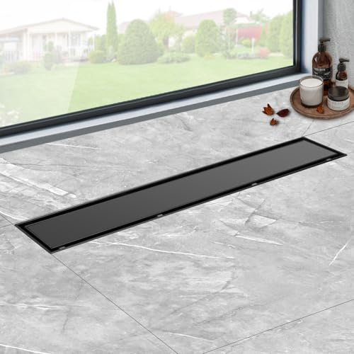 Canaleta de Ducha Negro 30 cm, 2 en 1 Desagüe de Acero Inoxidable con 360° Sifón Antiolores y Filtro de Pelo