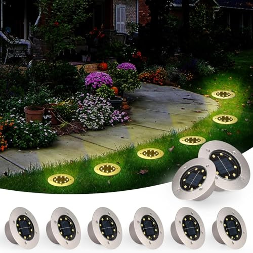 TOSHIN Lumière Solaire Extérieur, 8 Pièces Lampe Solaire Au Sol Jardin, 8 LED Etanche IP65 Spot Solaire Extérieur Encastrables Éclairage pour Chemins Pelouse Terrasse Cour Piscine, Blanc Chaud