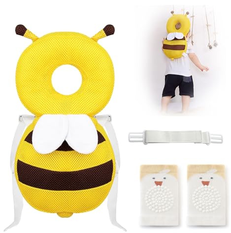 Furforstk Mochila protectora de cabeza de bebé, protección ajustable para la cabeza del bebé con rodilleras para bebés que gatean de 4 a 24 meses, niños pequeños que aprenden a gatear y caminar (abeja