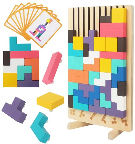 Gioco Impilabile in Legno Tetris, Giocattoli Educativi, con 10 Carte, Intelligenza Jigsaw, Puzzle Bambini 3 4 5 6 Anni, Colorato Blocchi Geometrici Tetris, Regalo Educativi