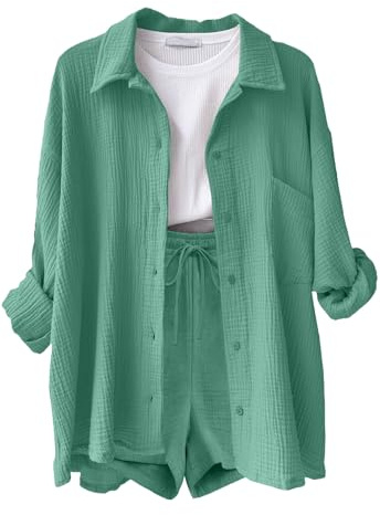 Joligiao Conjuntos Mujer Verano Casual Dos Piezas Pantalon Cortos y Blusa Elegante Conjunto Lino Chándal Camisa Manga Larga Conjunto de Verano Ropa de Playa Chandal con Bolsillos