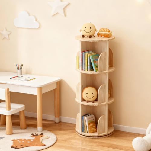 GarveeHome 3-Tier Rotating Bookshelf, 360° Freestanding Bookcase with Protective Anti-Fall Design, Solid Pine Wood Display Storage Shelf for Bedroom or Living Room