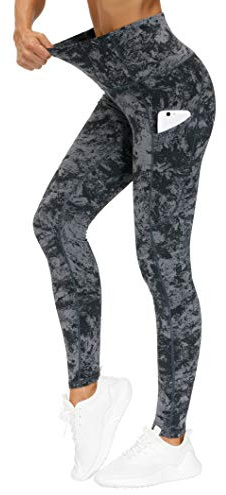 THE GYM PEOPLE Thick High Waist Yoga Pants with Pockets, Tummy Control Workout Running Yoga Leggings for Women,Gray-Marble,M