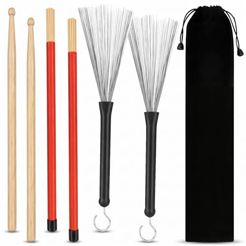 SINBLUE 7 in 1 Drum Sticks Brush Set, 5A Maple Wood Drumsticks, Retractable Metal Wire Drum Brushes, Rod Drum Brushes, Portable Storage Bag for Student Beginner Adult Drummers Jazz Folk Rock