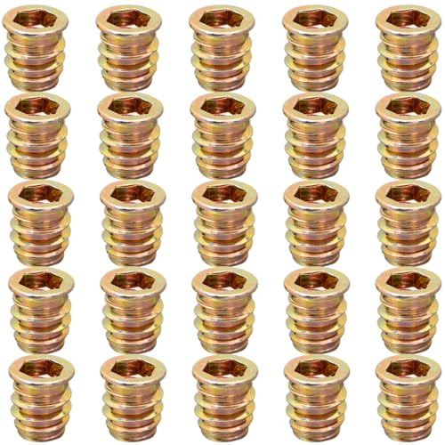 YoiYee Heavy Duty Wood Furniture M8 x 15mm Threaded Insert Nuts Interface Hex Socket Drive Zinc Yellow Passivated - 25pcs