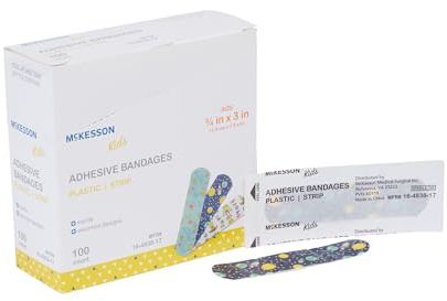 McKesson Kids Adhesive Bandages, Sterile, Plastic Strip, Assorted Prints, 3/4 in x 3 in, 100 Count, 1 Pack