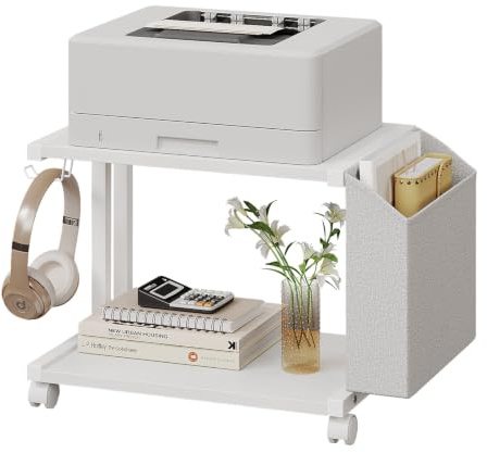 VEDECASA 2 Tier Printer Stand with Storage Bag Wheels Under Desk for Home Office Desktop Printer Table Organizer Mobile Printer Shelf Mobile (White)
