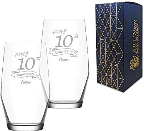 Personlig graverad 10-årsjubileum glas uppsättning av två, Ella Highball 473 ml glas, graverad i Storbritannien, anpassa med vilket namn som helst, tankeväckande anpassad gåva