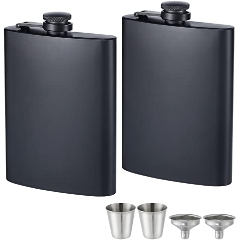 Lot de 2 flasques pour liqueur - Noir mat - 237 ml - En acier inoxydable - Anti-fuite - Avec 2 entonnoirs et gobelets - Pour fête de mariage, garçon d'honneur, demoiselle d'honneur - Cadeau