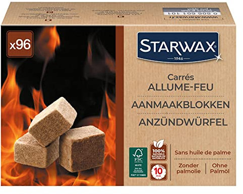 STARWAX - Carrés Allume-Feu pour Barbecue, Poêle et Cheminée - Allumage Rapide - Propre et sans Odeur - sans Huile de Palme - 100% d'Ingrédients d'origine Naturelle - Fabriqué en France - 96 carrés