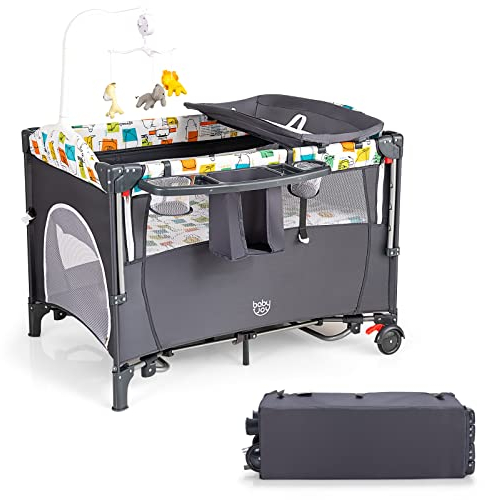 COSTWAY 5-in-1 Babybett 120 x 60 cm, 2 Ebene Reisebett mit Matratze, Wickelauflage, Spielzeuge, Musikbox & Tragetasche, faltbares Beistellbett mobil 4-stufig verstellbar für Baby bis 15 kg (Grau)