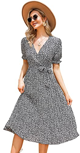 KOJOOIN Damen Sommerkleid V Ausschnitt Tunika Midikleid Plissiert Wickelkleid Kurzärm Casual Kleid A-Linie Freizeitkleid mit Gürtel, Schwarze Blume-1, M