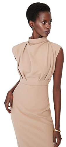 Trendyol Trendyol Damen Gerade Midi Null-Ärmel Tag Nacht Schlank Kleid, Vestido De Las Mujeres, Camel,