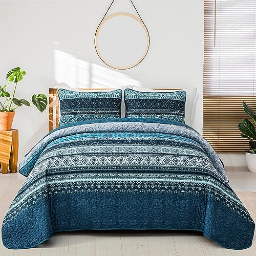 WONGS BEDDING Boho King Quilt Set, Blue Bohemian King Quilt Bedding Set, Lightweight Microfiber Bed Decor Bedspread for All Season 103x90(3 Pieces)