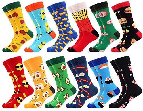 WeciBor Colores Divertidos Calcetines Estampados Hombre, 12 Pares Multicolor Alimentos, Talla 39-42