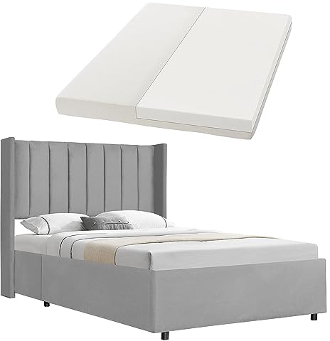 Juskys Polsterbett Savona 140x200 cm mit Matratze, Bett mit Stauraum, Samt-Bezug, Bettgestell aus Holz, bis 250 kg, großes Kopfteil, Hellgrau