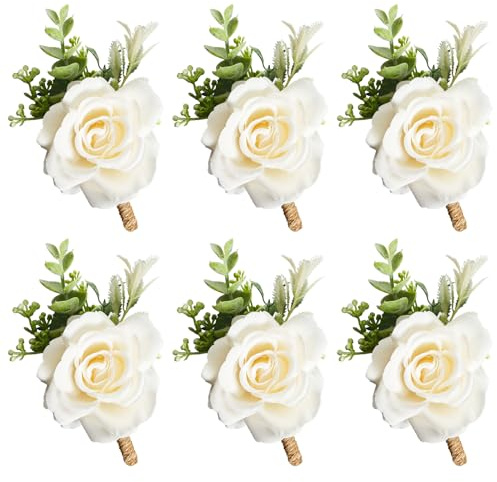 Gvhntk Ivory Rose Boutonniere for Men Wedding Set of 6 Groom Groomsmen Best Man Artificial Flowers Boutonniere for Wedding Ceremony Anniversary Prom Flowers Formal Dinner Party (6, White, Middle)
