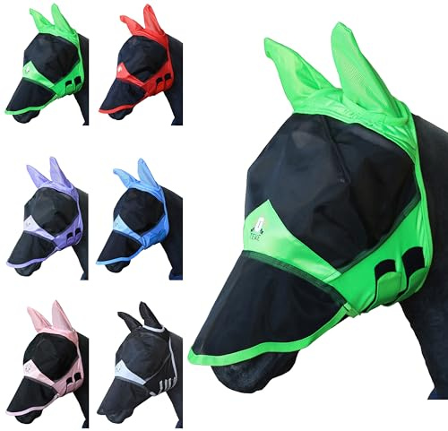 T TEKE Fine Mesh Horse Fly Mask w/Ears & Nose, UV Blocking 3D Eye Visor with Extra Fleece Cushioned Forehead, Protection from Insect Pests
