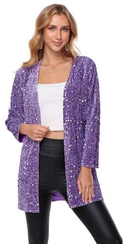 THANKPEARL Women's Sequin Jacket Long Sleeve Open Front Blazer Sparkly Party Cardigan Medium Purple