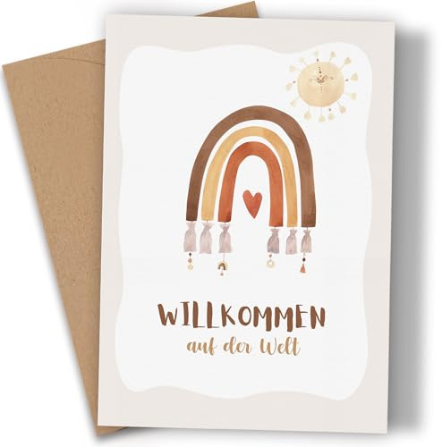 Premium Karte zur Geburt - Geburtskarte mit Kraftpapier Umschlage - Glückwunschkarte zur Geburt Junge Mädchen - Babyparty Karte Baby Geschenk zur Geburt - Willkommen auf der Welt Boho Regenbogen (A6)
