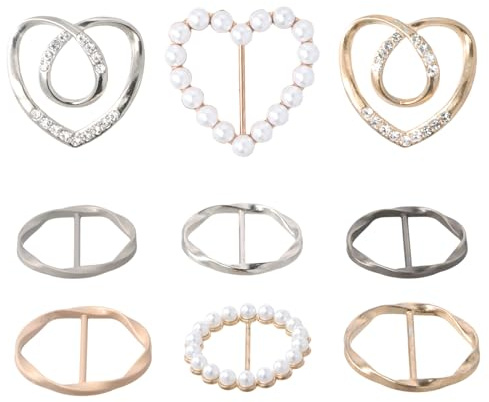 Shengxi Metal Hebilla para Bufanda, 9 Piezas Anillo Clip con Pedrería de Perlas de Corazón y Seda para Damas y Niñas, Camisa, Corbata y Camiseta