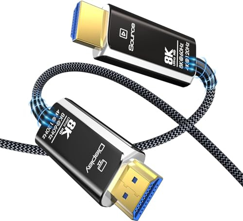 DGHUMEN 8K 4K 15 m fiberoptisk HDMI-kabel, ultrahög hastighet, flätad HDMI 2.1 optisk kabel, 8K @ 60Hz 4k @ 120/144Hz HDR, eARC, 3D, Dolby HDCP 2.2, för PS5, Xbox Series X, PC, TV
