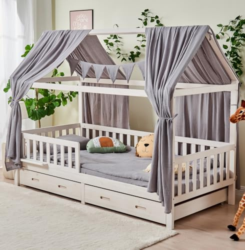 ALAVYA HOME® Set di 3 decorazioni per letto, 2 baldacchini e 1 bandierina, 300 cm, per cameretta dei bambini, 100% mussola biologica GOTS, 125 x 350 cm