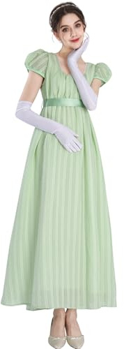 FCCAM Abito da donna Regency Jane Austen abiti lunghi vintage abito da ballo vittoriano con guanti abito in vita impero, L