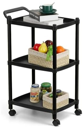 Avilia Carrello Portavivande da Cucina con 3 Ripiani e Ruote - 46x33x74 cm, Carrello Cucina Nero - Manico Ergonomico, Struttura in Polipropilene Resistente - Ideale per Cucina, Bagno e Ufficio