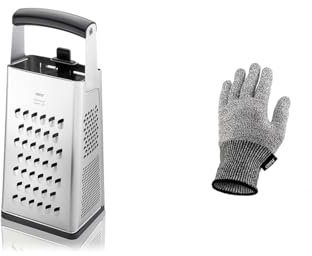 Küchenhelfer Set: GEFU Vierkantreibe V-CUT & GEFU Schnittschutzhandschuh SECURO - Multifunktionale Küchenreibe Edelstahl mit verstellbarem Hobel