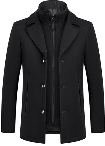 KUDMOL Manteau Homme en Laine pour Hiver Chaud Trench Coat Classique Parka Pardessus Caban Coup-Vent Revers Overcoat Slim Fit Business Duffle-Coats(Noir,XXL)