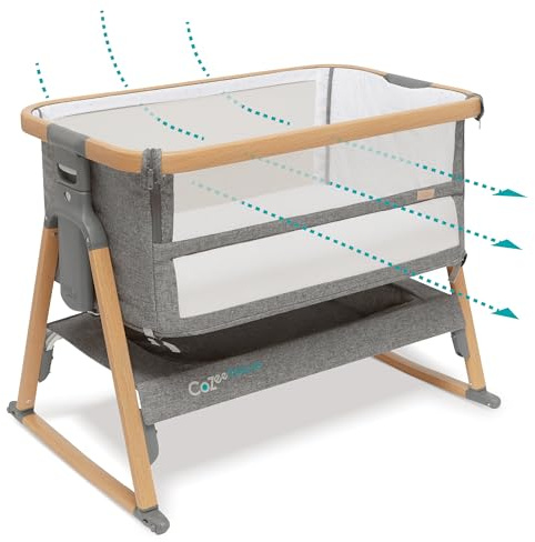 Tutti Bambini CoZee® Breeze PLUS - Extra Breathable Next To Me Crib & Standalone Baby Cot with Larger Mesh Side Windows, Easy Fold, with Mattress (0-6 months) - Oak/Charcoal