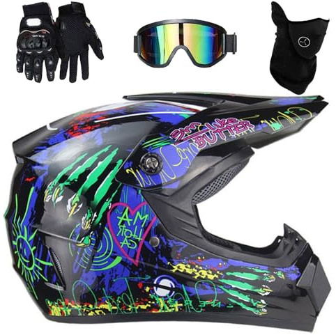 Caschi da Motocross Per Bambini 8-14 Anni, Casco ATV Per Ragazzi Omologato DOT, con Occhiali, Maschera E Guanti, Per Fuoristrada(CC,M(54-55cm))
