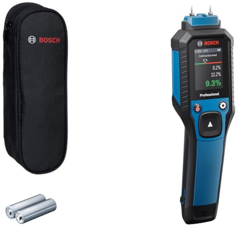 Humidimètre à broches GMP 2-15 Bosch Professional (mesure 37 essences de bois et 10 matériaux de construction, thermo-hygromètre intégré, IP65, 2 piles AA, housse)