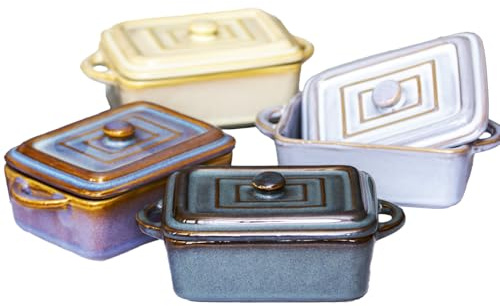 Set Of 4 Rectangle Reactive Glaze Mini Casserole Dishes 240ml Stoneware Oven Pots Lids