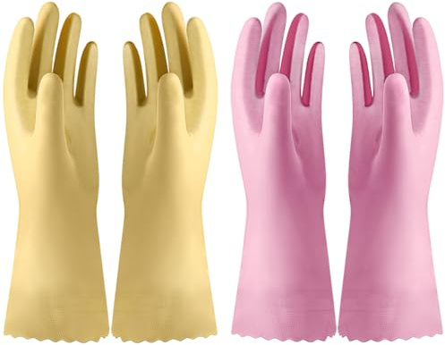 YUFETY 2 Pairs Large Household Gloves, Thick Latex-Free Dishwashing Gloves, Non-Slip Grip and Waterproof Design Cleaning Gloves for Kitchen, Dishwashing, Bathroom & Garden Use (Yellow; Pink)
