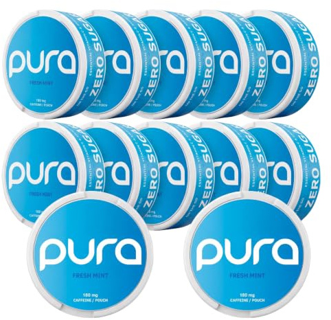 Pura Energy Pouches med 180 mg Naturligt Koffein, Sockerfri Energi med Vitaminer & Aminosyror, 20 per Dosa, 12-pack, Fresh Mint