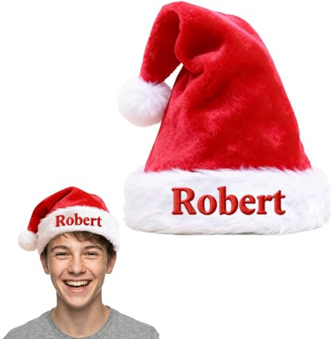 VEELU Bonnet Noel Personnalisé avec Nom Brodé, Chapeau de Noel pour Enfants et Adultes, Bonnet du Père Noël Personnalisable pour Famille, Couple - Cadeau Personnalisé