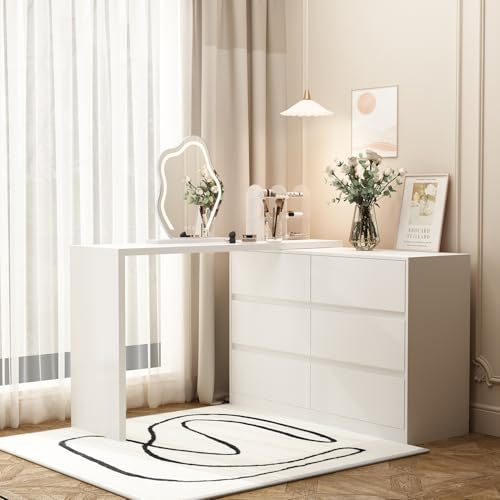 DAZAGCE Modern Expandable L-Shaped Drawer Cabinet, Corner Vanity Desk with 6 Drawers, Adjustable Table Computer Desk for Home Office Bedroom Living Room, White